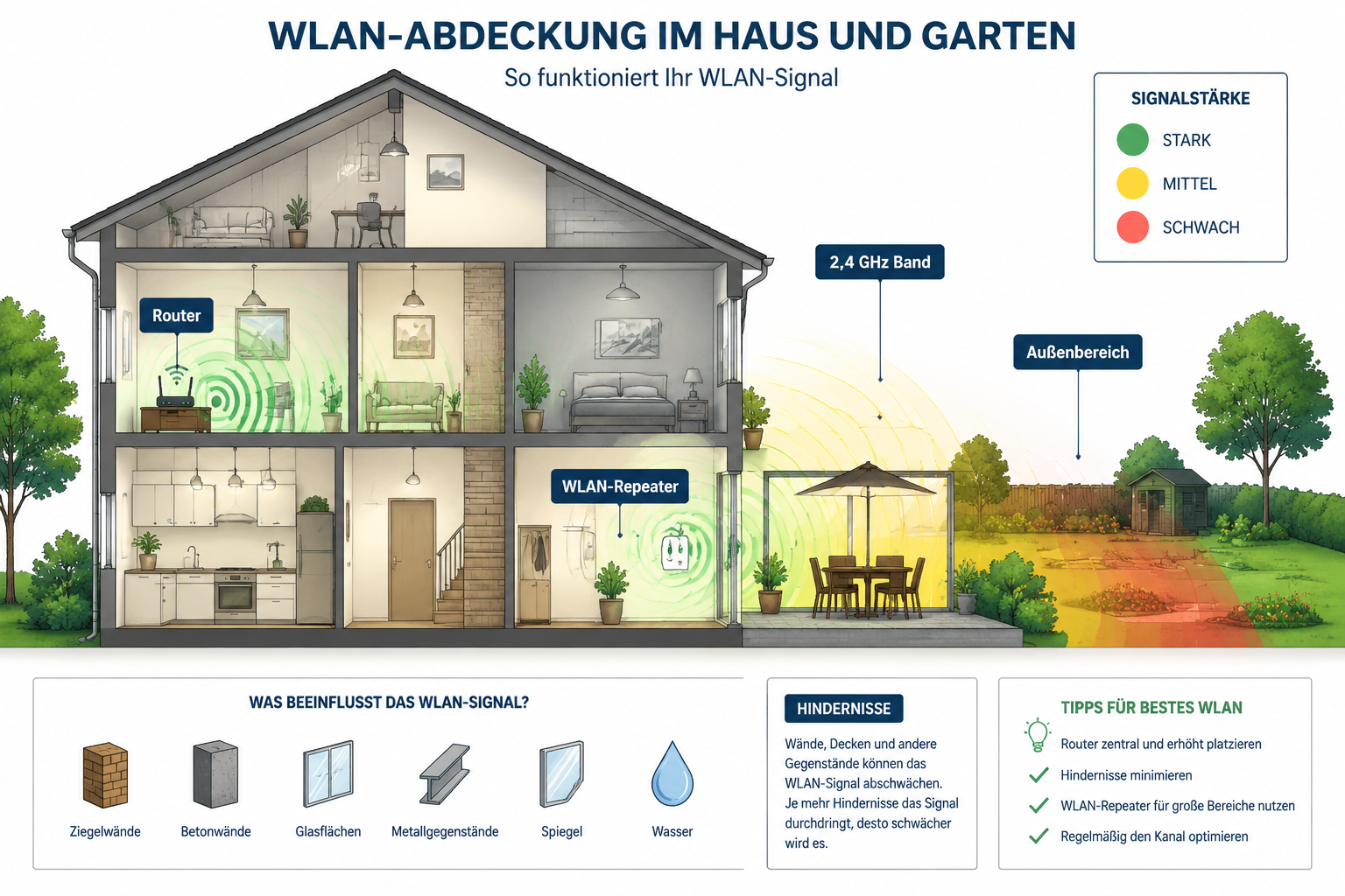 () editorial illustration showing a cross-section diagram of a typical German home and garden, with labeled WiFi signal