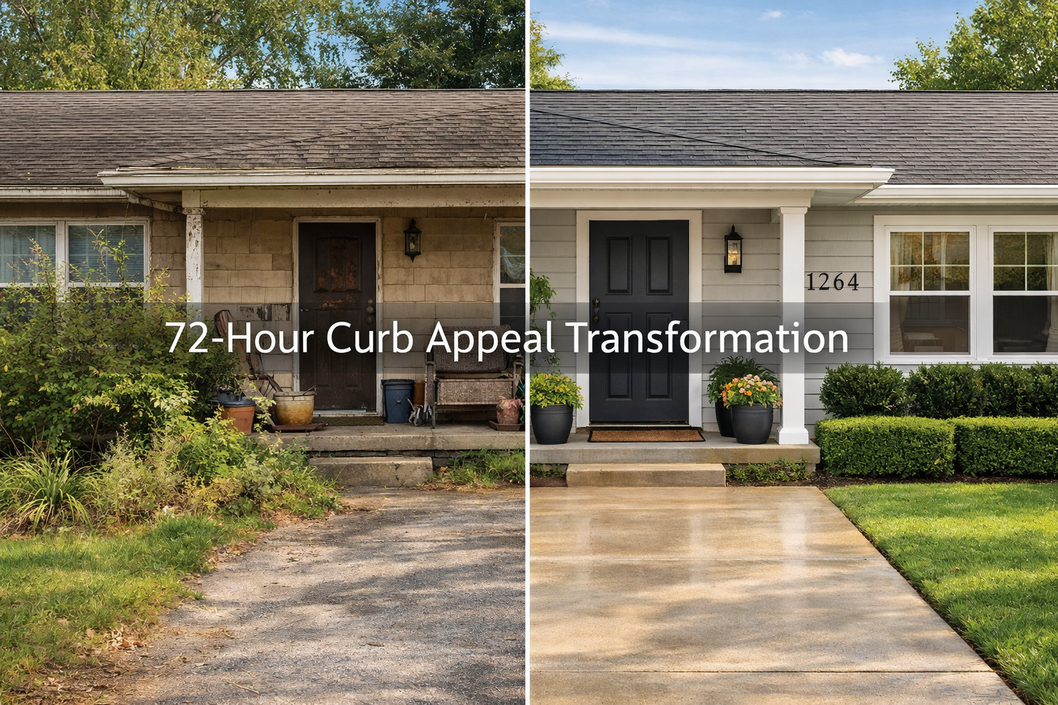 () editorial image showing before-and-after split comparison of home exterior preparation. Left side displays neglected curb