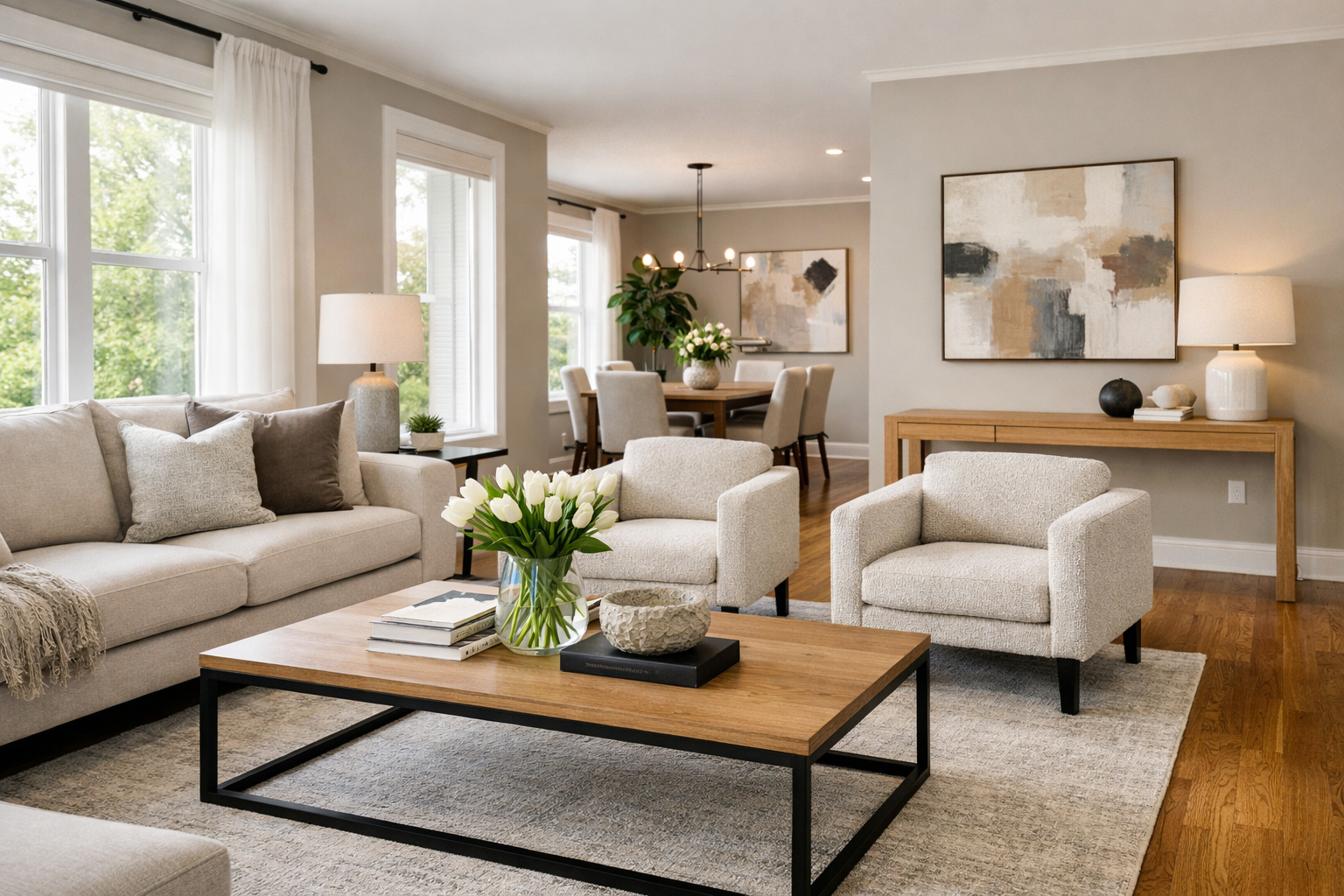 () professional interior staging photograph showing modern living room with neutral color palette. Features decluttered