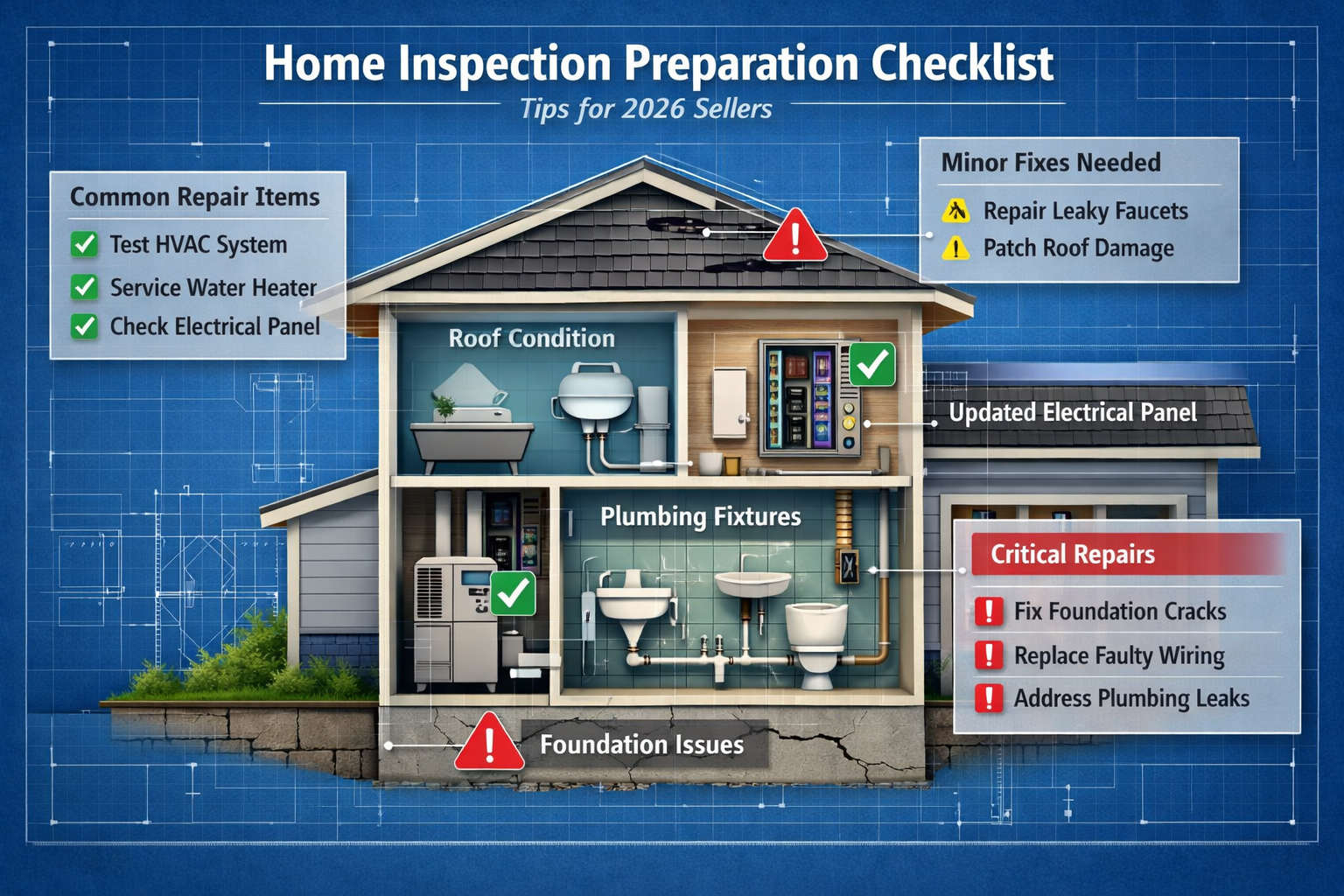 () infographic-style image displaying home inspection preparation checklist with visual icons. Shows cutaway view of house