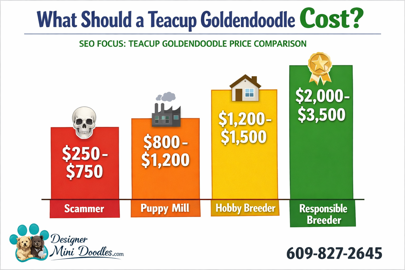() detailed price comparison bar graph infographic with four vertical bars showing goldendoodle pricing tiers: Scammer