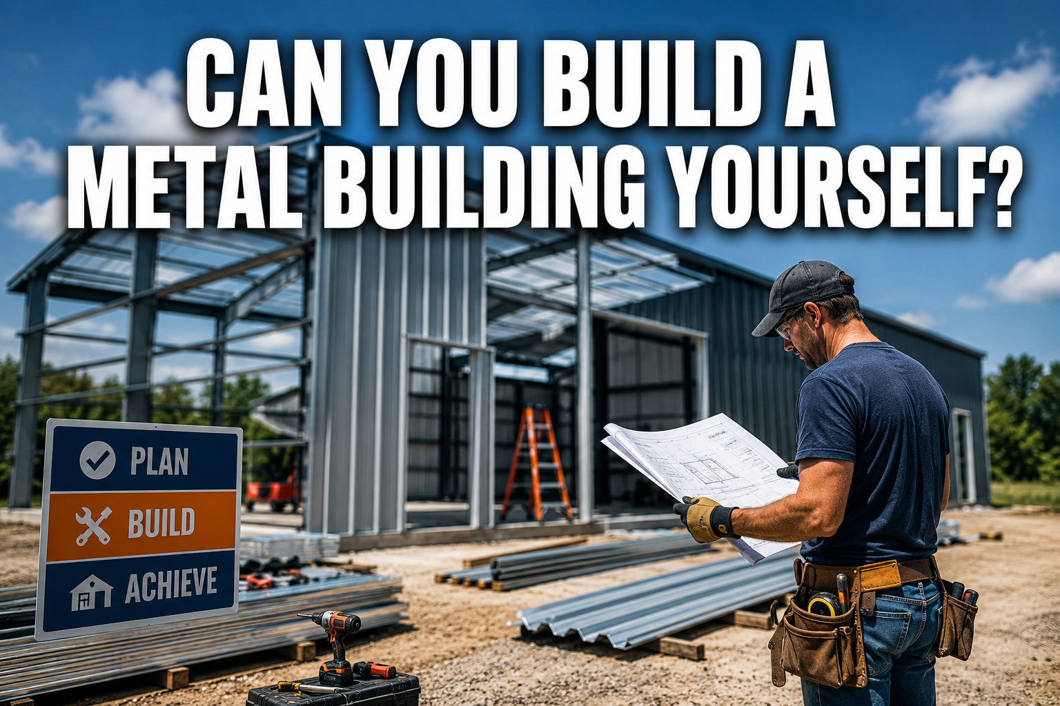 Professional () hero image with : 'Can You Build a Metal Building Yourself?' in extra large white with dark drop , centered
