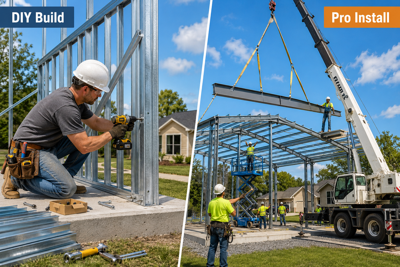 Detailed () editorial illustration showing a side-by-side split scene: on the left, a solo DIY builder in a hard hat and