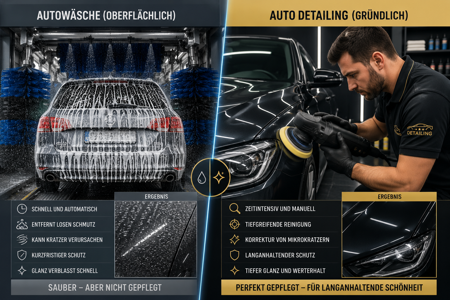 Detailliertes Querformat () Bild, das den Unterschied zwischen einer normalen Autowäsche und professionellem Auto Detailing