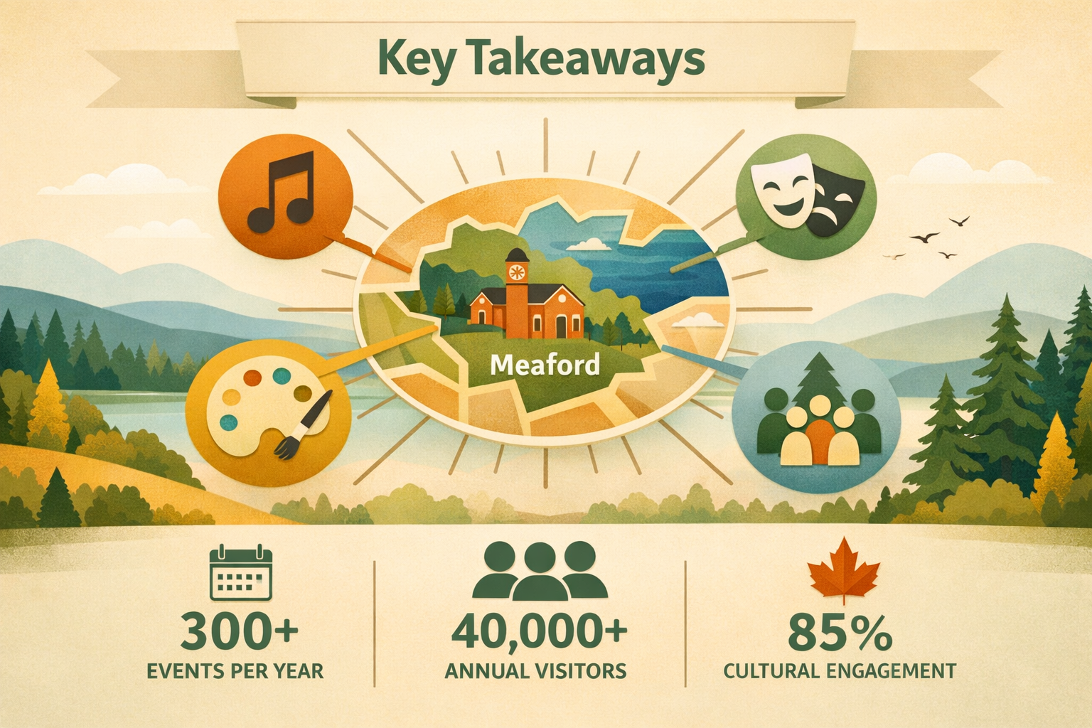 Infographic-style visual for 'Key Takeaways' section with dynamic icons representing Meaford Hall's event diversity: a musical note, theater