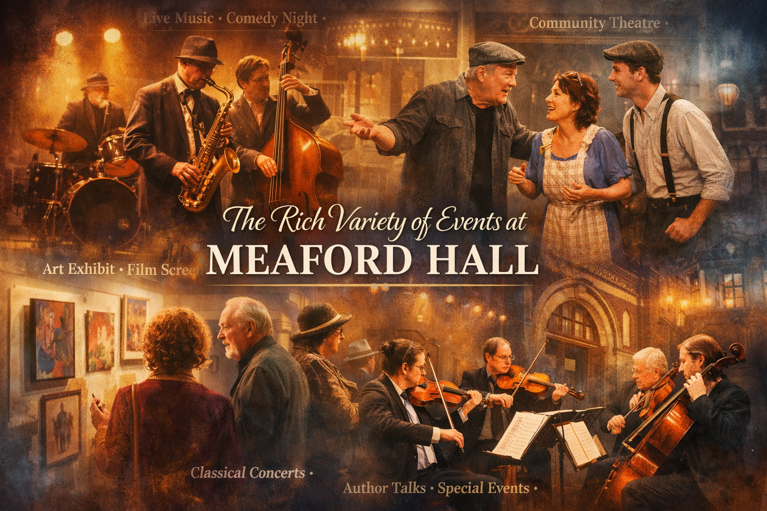 Vibrant photographic collage representing 'The Rich Variety of Events at Meaford Hall' featuring overlapping images of live performances: a 