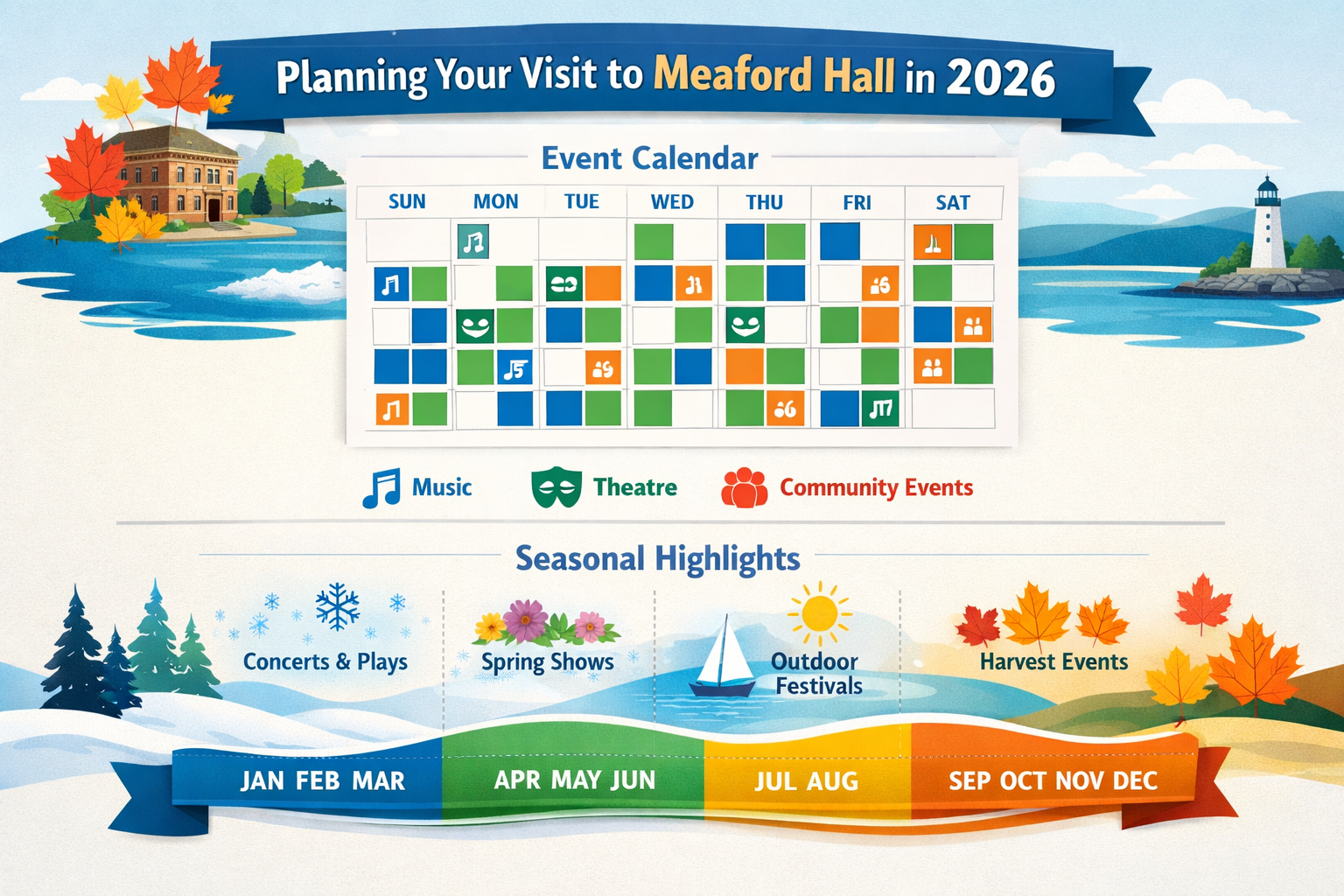 Detailed event planning infographic for 'Planning Your Visit to Meaford Hall in 2026' showing a calendar grid with color-coded event types: 