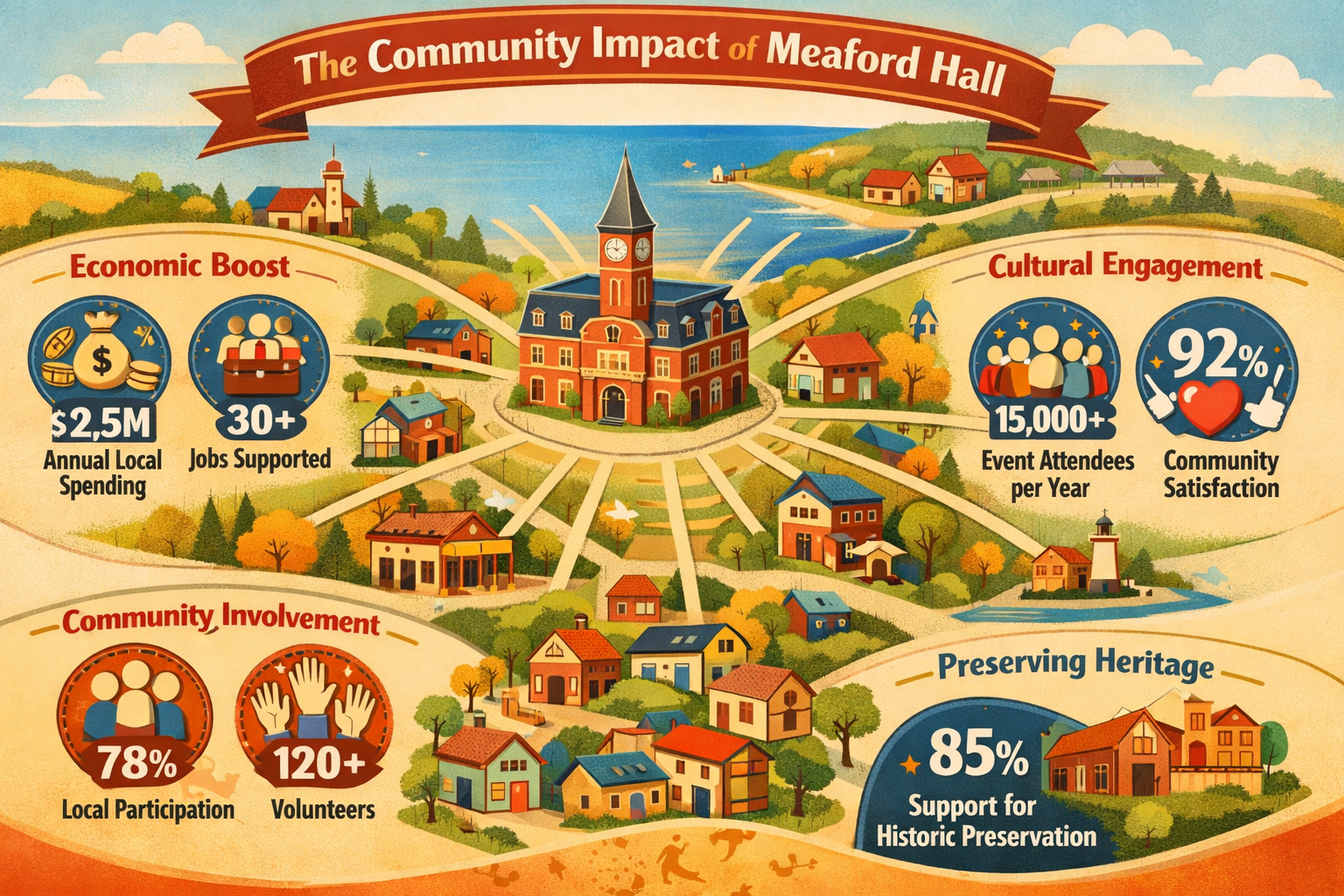 Community impact visualization for 'The Community Impact of Meaford Hall' featuring an illustrated map of Meaford with radiating connection 