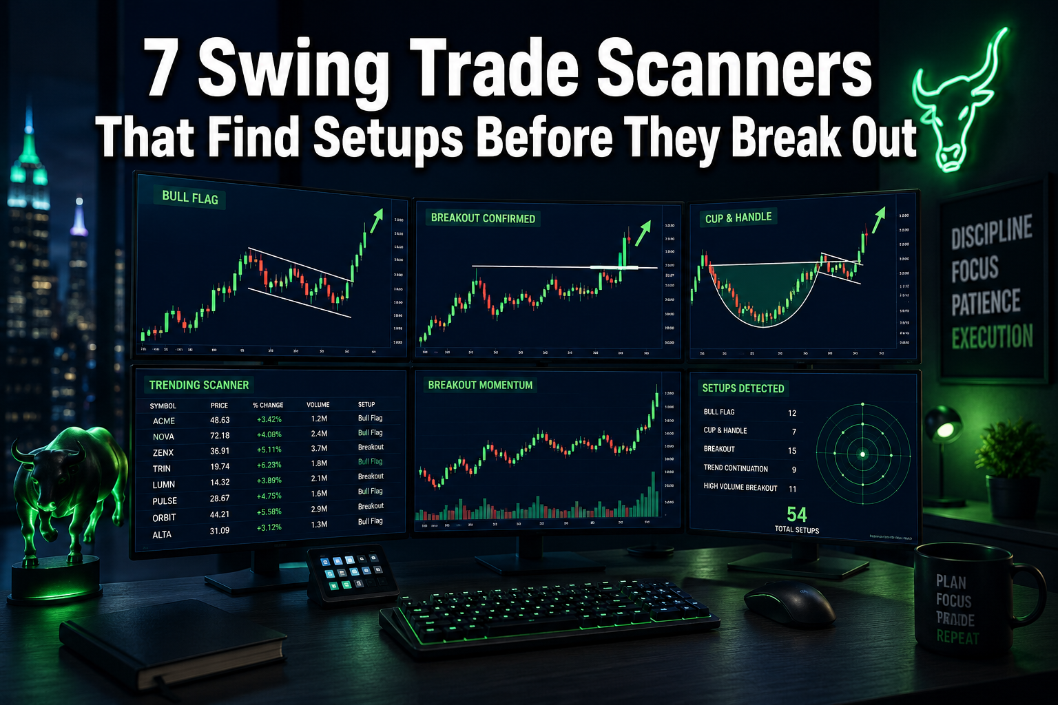 Professional () hero image with '7 Swing Trade Scanners That Find Setups Before They Break Out' in extra large white with