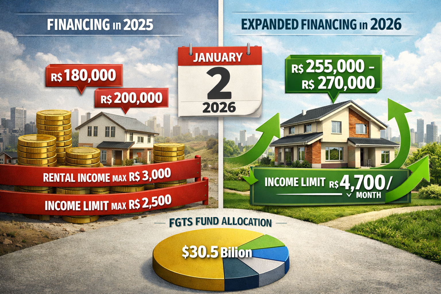 Detailed landscape format (1536x1024) image showing split-screen comparison of Brazil's mortgage financing evolution. Left side displays tra