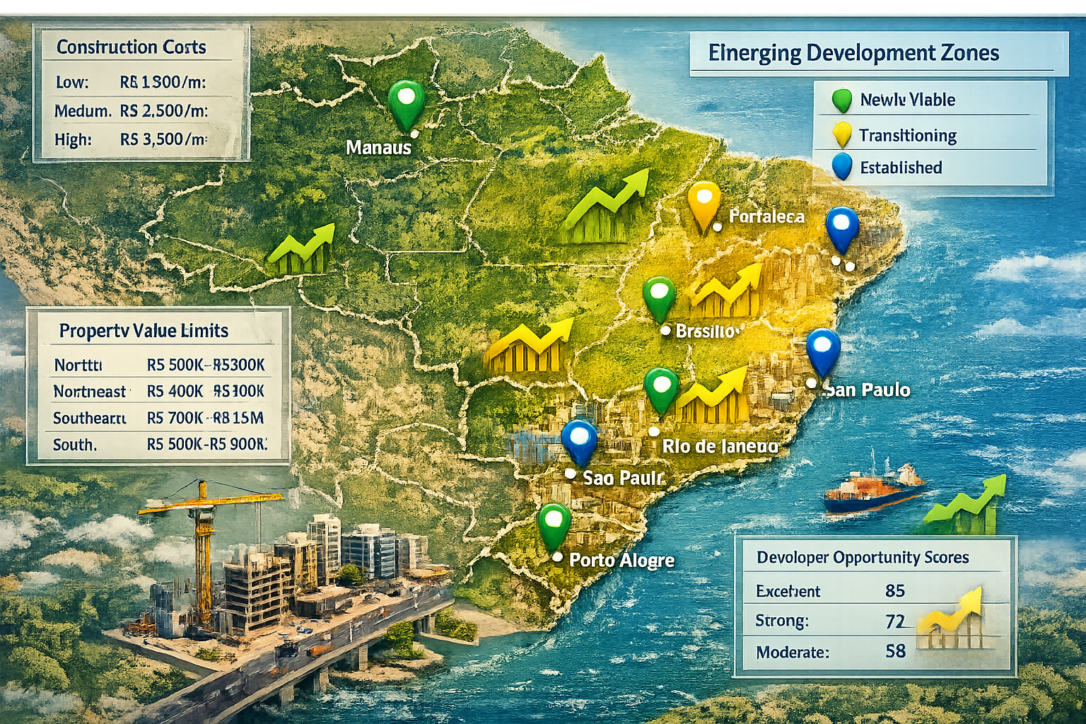 Detailed landscape format (1536x1024) image depicting Brazilian regional map highlighting emerging profitable development zones. Show major 