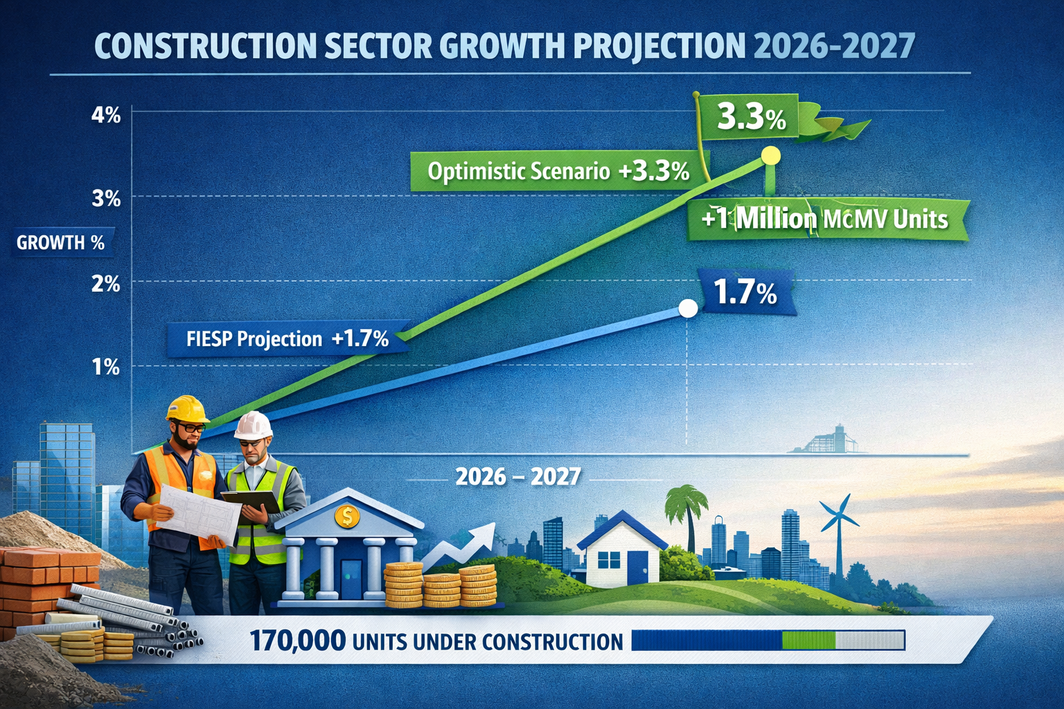 Detailed landscape format (1536x1024) image showing construction sector growth projection for 2026-2027. Feature prominent upward trending l