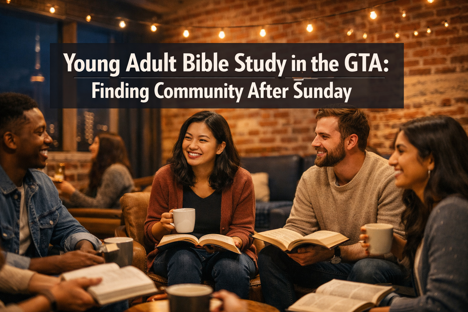 Professional landscape format (1536x1024) hero image featuring bold text overlay 'Young Adult Bible Study in the GTA: Finding Community Afte
