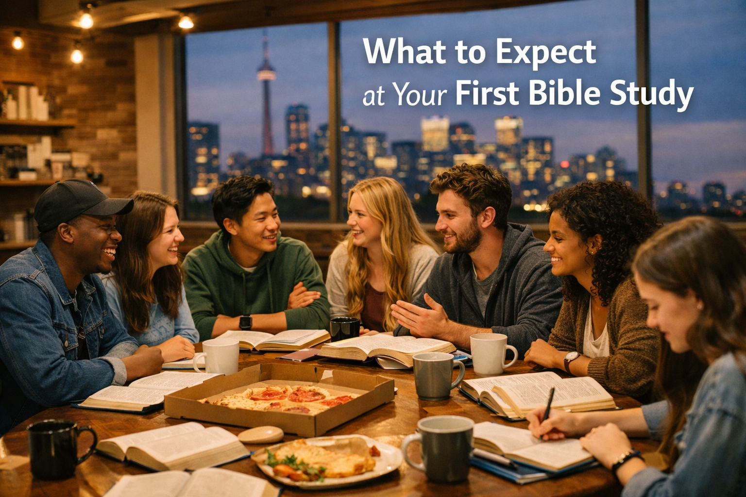 Detailed landscape format (1536x1024) editorial image showing a diverse group of young adults aged 18-30 gathered around a table with open B