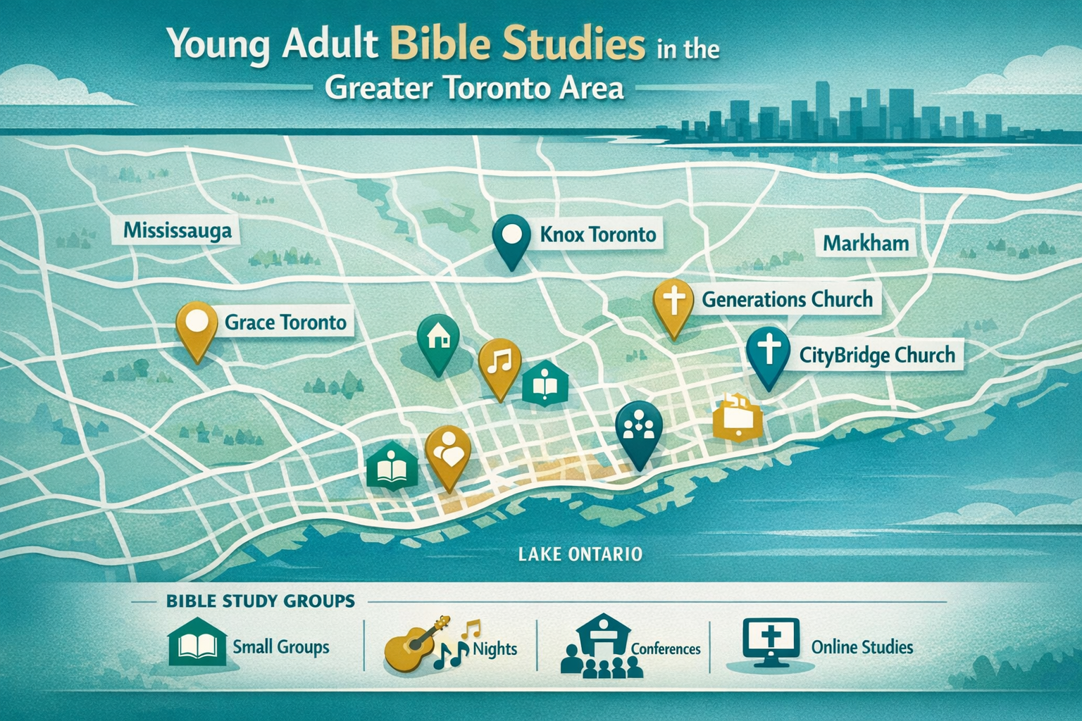 Detailed landscape format (1536x1024) infographic-style editorial image showing a stylized map of the Greater Toronto Area with pin markers