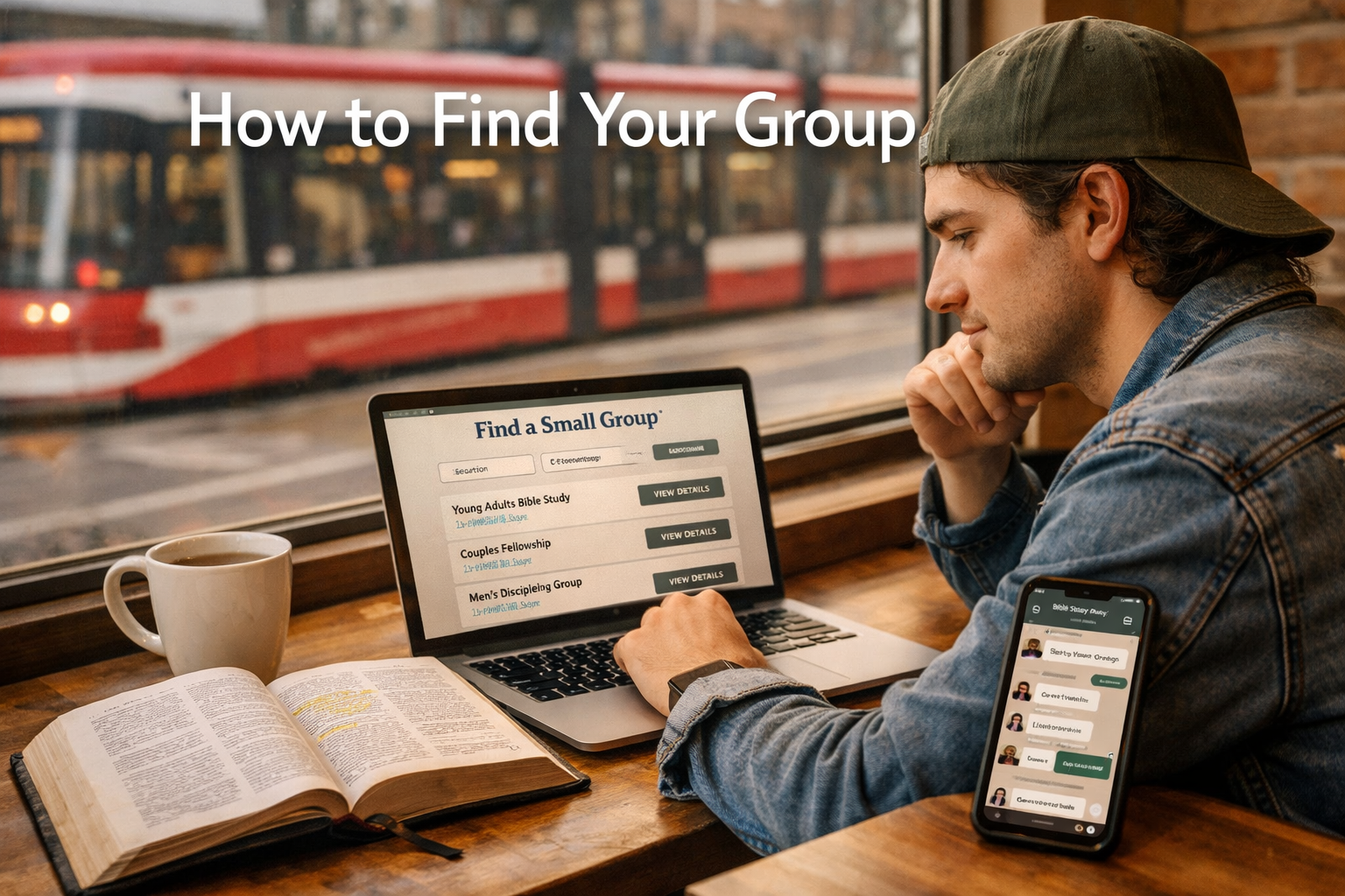 Detailed landscape format (1536x1024) editorial image of a young adult in their mid-20s sitting in a Toronto café with a laptop and Bible op