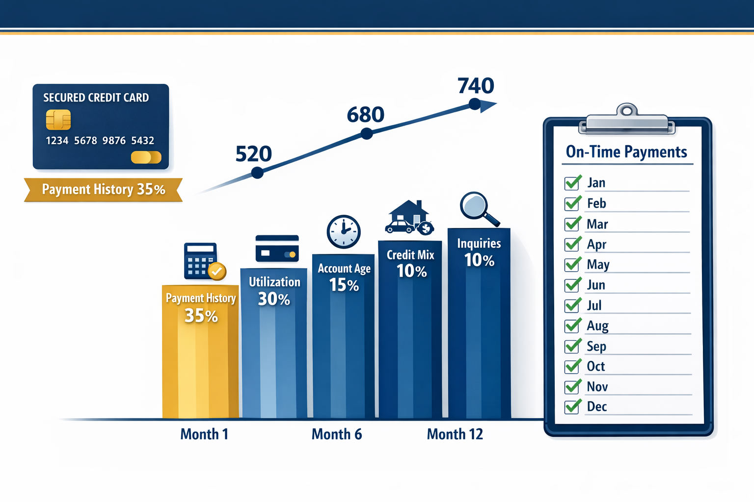 cover Image Instruction (3:2) Create a clean financial graphic: A rising credit score gauge moving from 520 → 680 → 740 across a timeline la