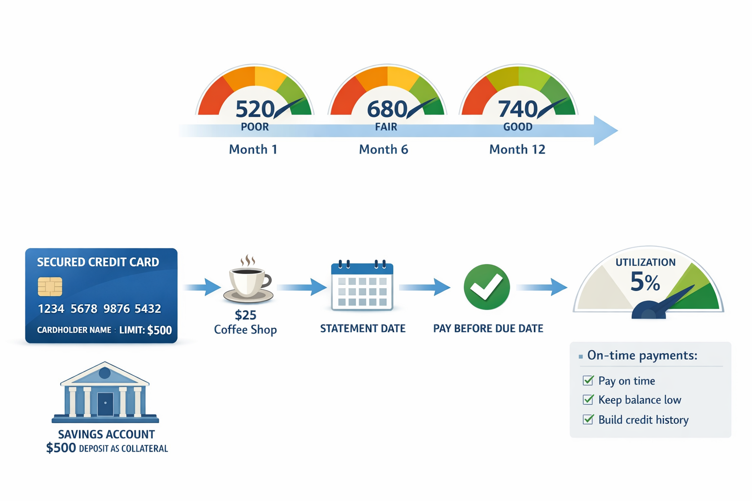 cover Image Instruction (3:2) Create a clean financial graphic: A rising credit score gauge moving from 520 → 680 → 740 across a timeline la