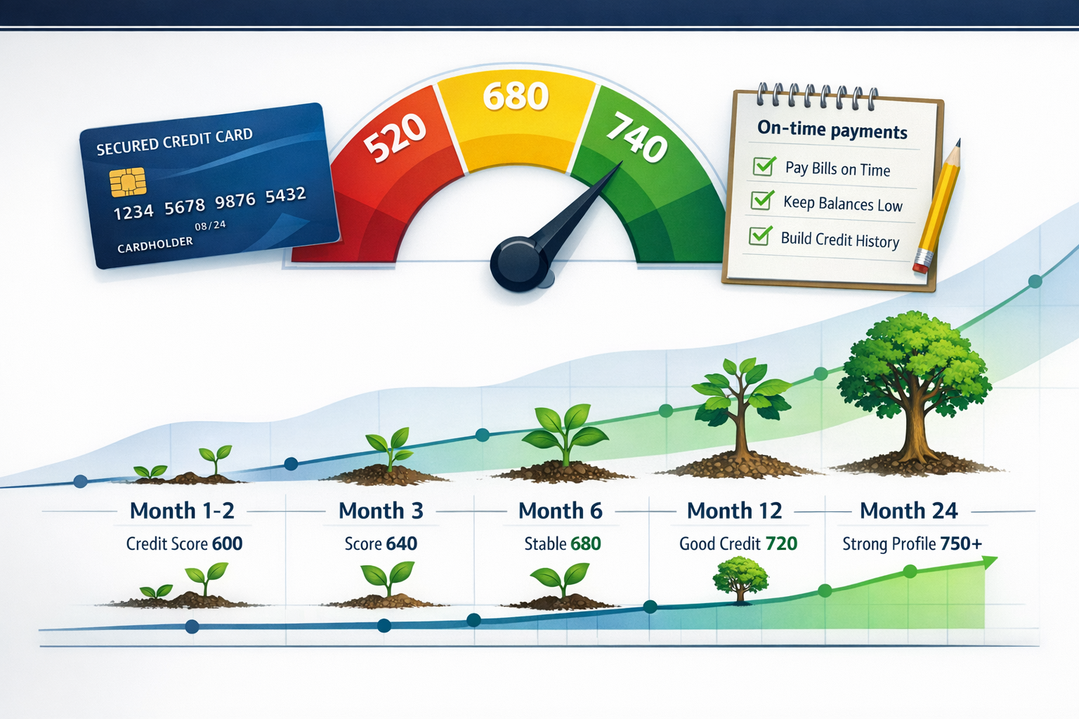 cover Image Instruction (3:2) Create a clean financial graphic: A rising credit score gauge moving from 520 → 680 → 740 across a timeline la