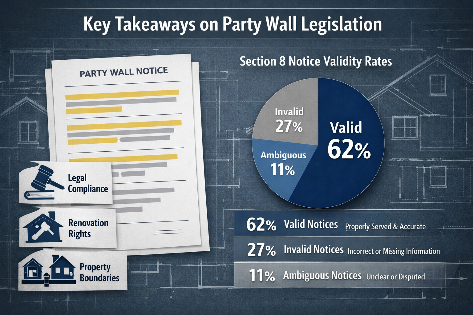 Landscape editorial infographic visualizing 'Key Takeaways' for Party Wall legislation, featuring a minimalist legal