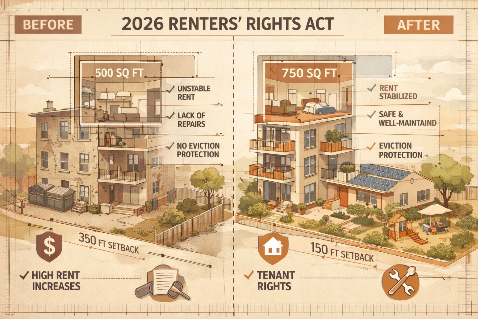 Architectural rendering depicting the 2026 Renters' Rights Act transformation, split-screen visualization showing