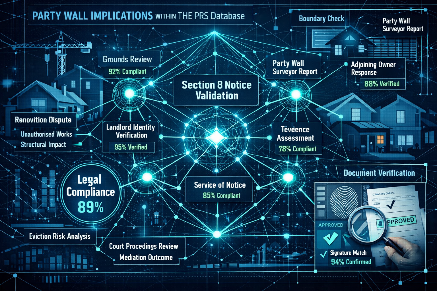 Complex data visualization mapping Party Wall implications within the PRS Database, intricate network diagram showing