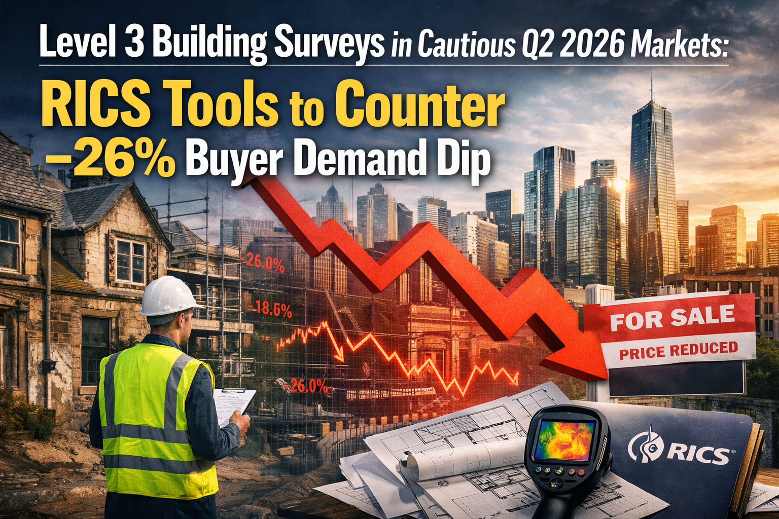 Professional landscape hero image () with : "Level 3 Building Surveys in Cautious Q2 2026 Markets: RICS Tools to Counter