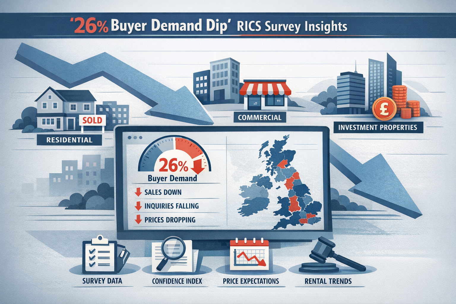 Infographic-style visual mapping the '26% Buyer Demand Dip' with strategic RICS survey , featuring a large downward trending