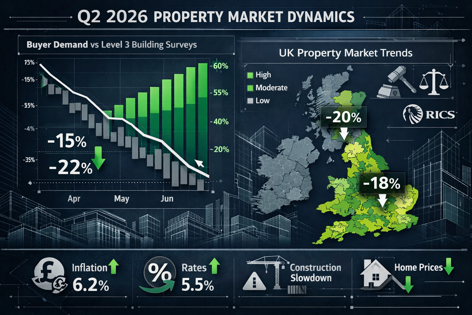Complex data visualization depicting Q2 2026 property market dynamics, with a layered chart showing buyer demand decline
