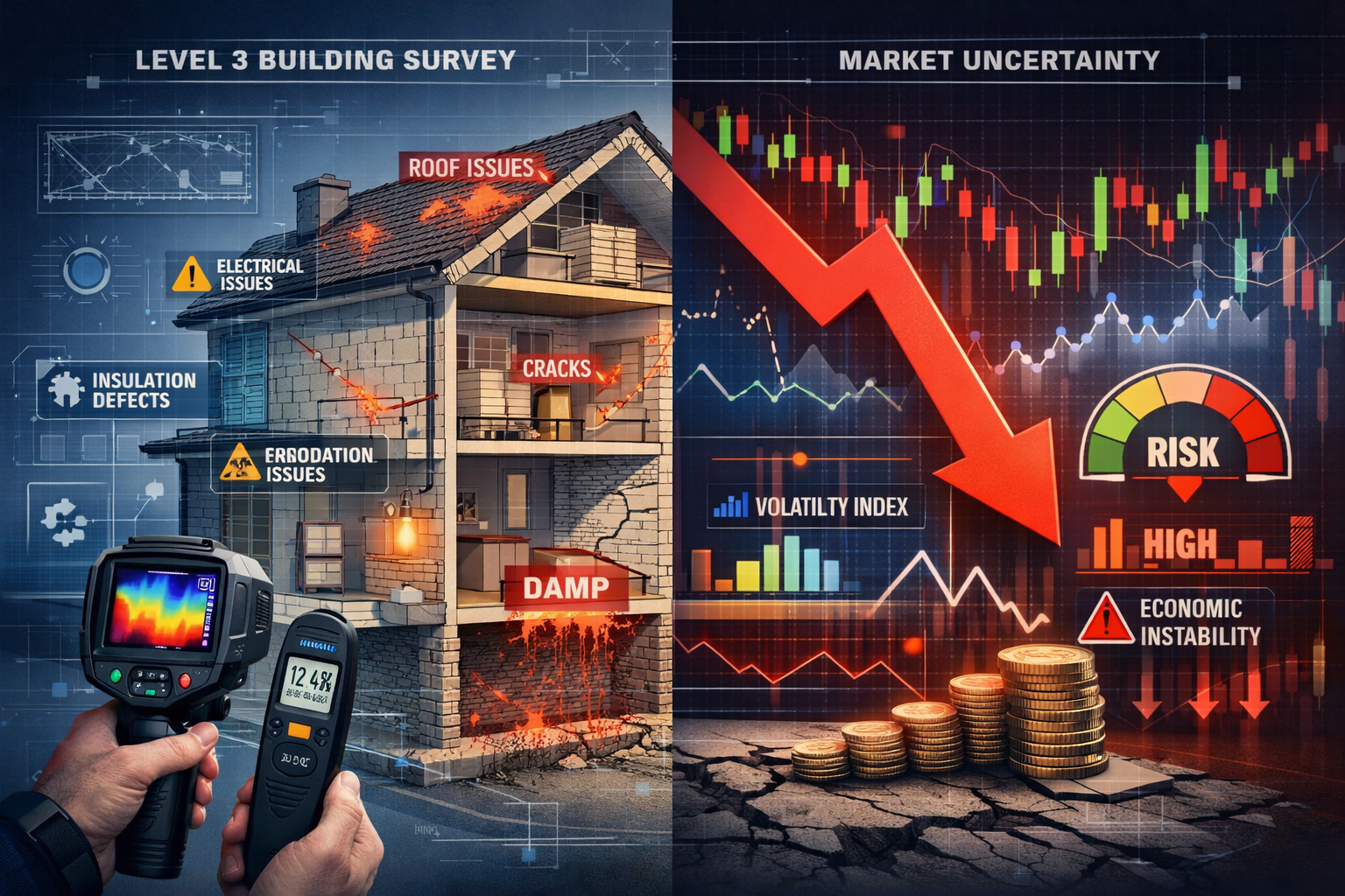 Conceptual architectural rendering illustrating the critical importance of Level 3 Building Surveys in uncertain market