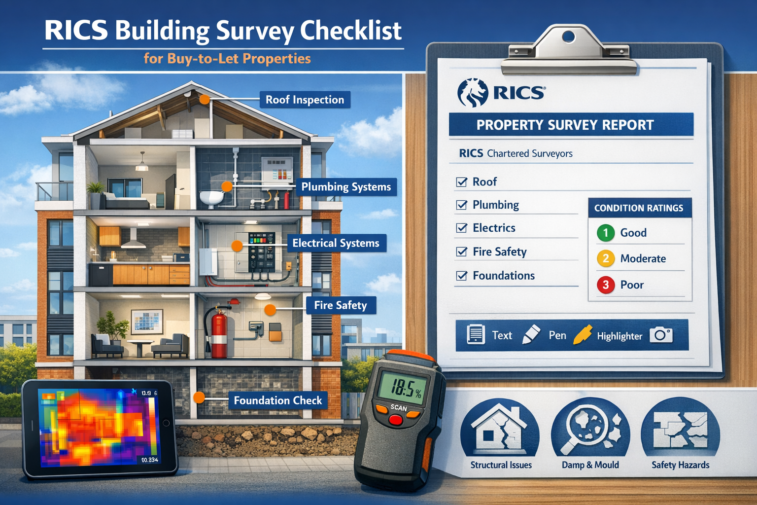 () detailed infographic showing RICS building survey protocol checklist for buy-to-let properties. Split-screen composition: