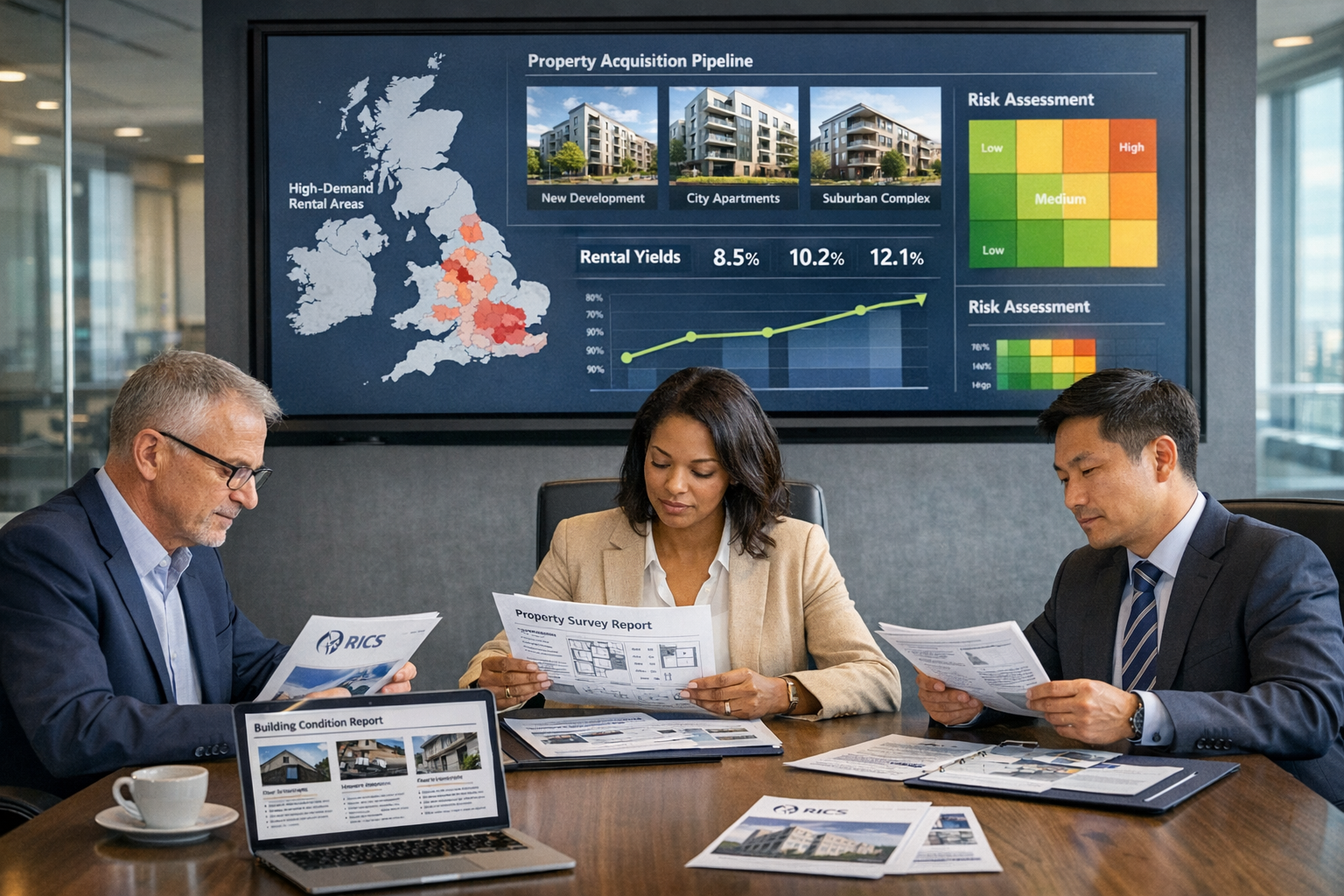 () professional scene inside institutional investment firm boardroom with large wall-mounted screen displaying portfolio