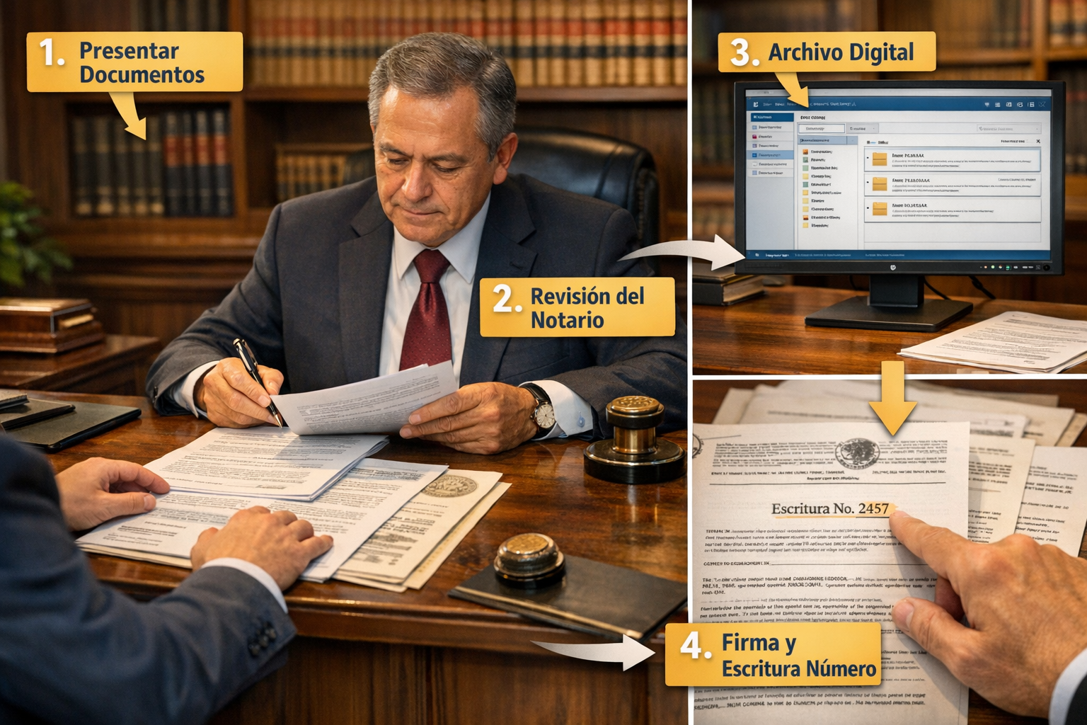 Detailed landscape format (1536x1024) photorealistic image showing step-by-step visual guide: hands of business person at traditional Mexica