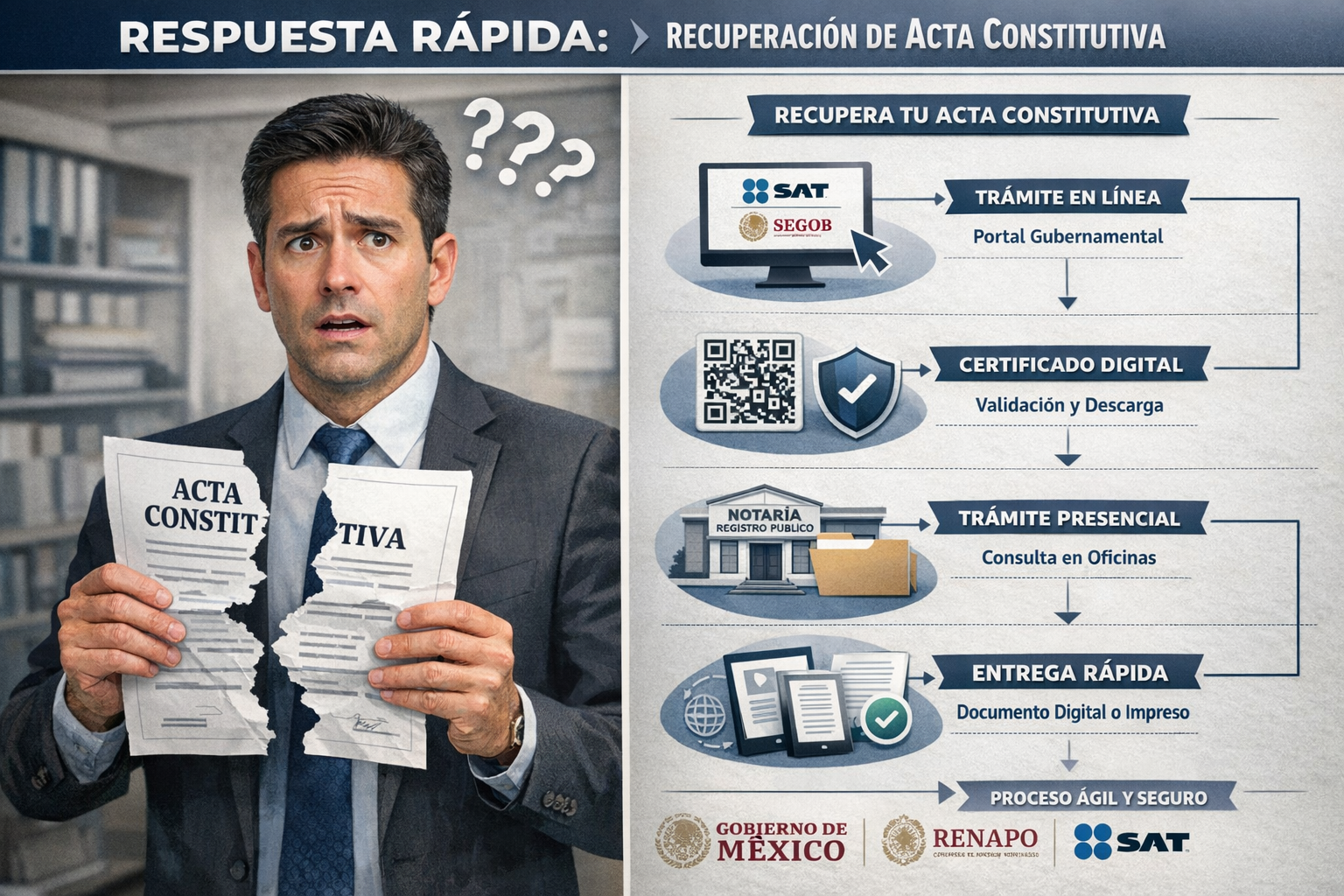 Split-screen editorial infographic for 'Respuesta Rápida' section, depicting urgent document recovery process in Mexico. Left side: distress