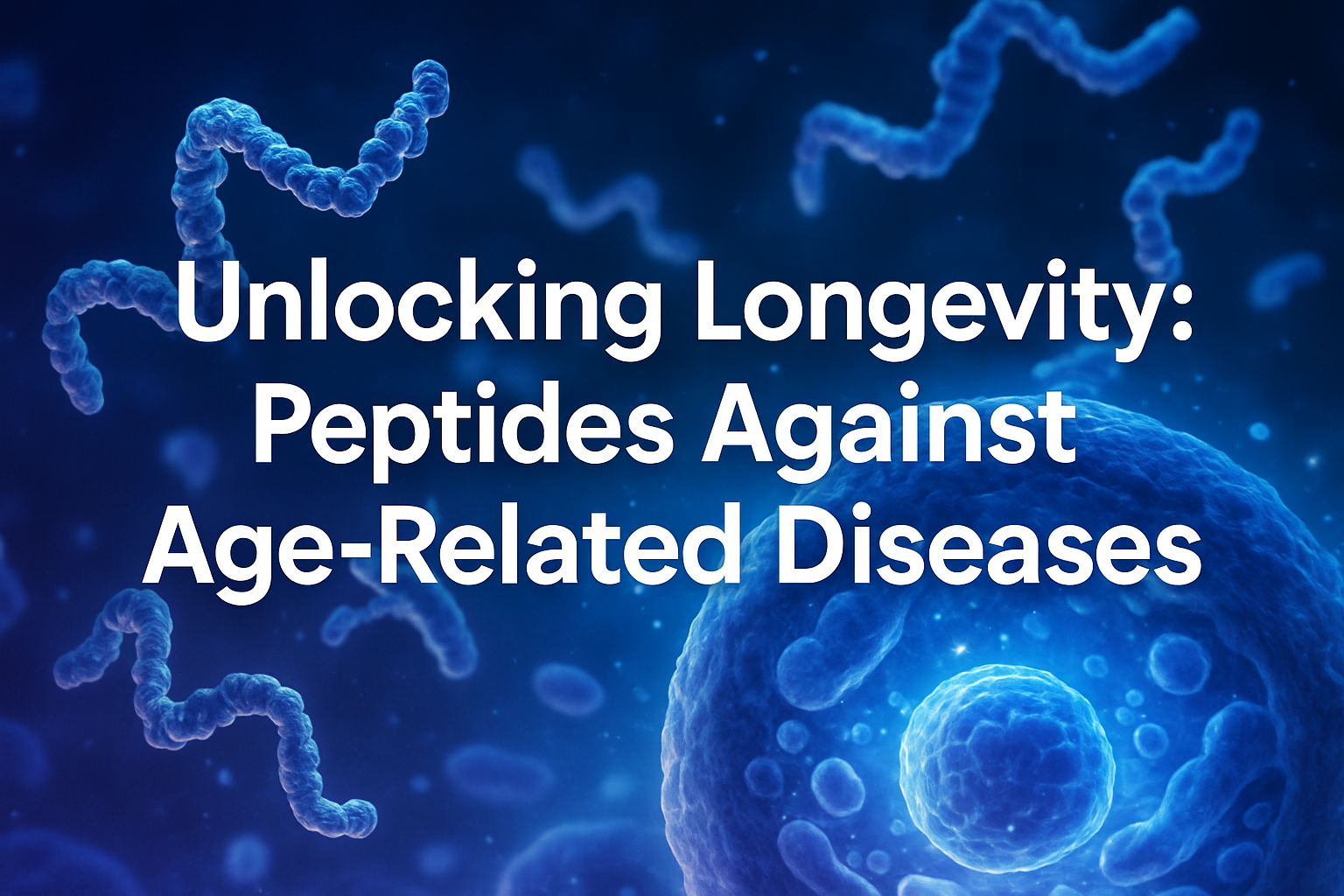 Professional landscape hero image (1536x1024) with bold text overlay: 'Unlocking Longevity: Peptides Against Age-Related Diseases', modern s