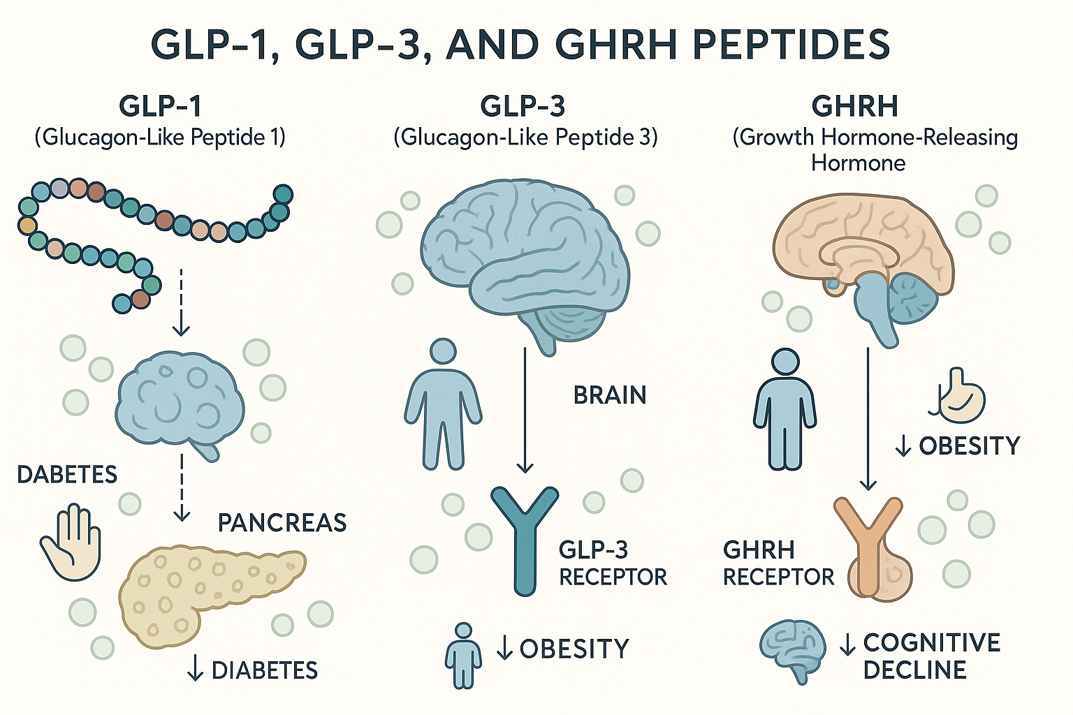 A detailed infographic illustrating the molecular structures and key mechanisms of action for GLP-1, GLP3, and GHRH peptides within the huma