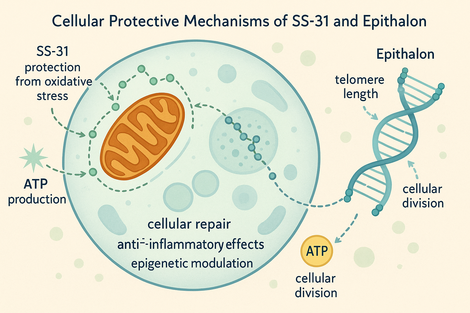 A sophisticated diagram illustrating the cellular protective mechanisms of mots-c and Epithalon. Show mitochondria within a cell, with mots-c 