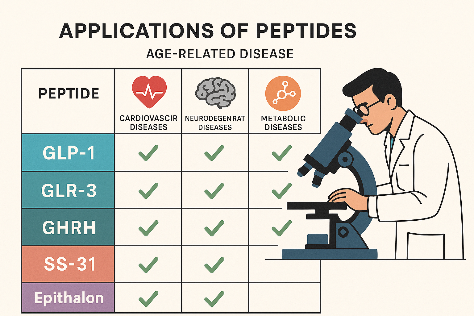 A comparative table or infographic visually presenting the diverse applications and potential benefits of GLP-1, GLP3, GHRH, mots-c, and Epit
