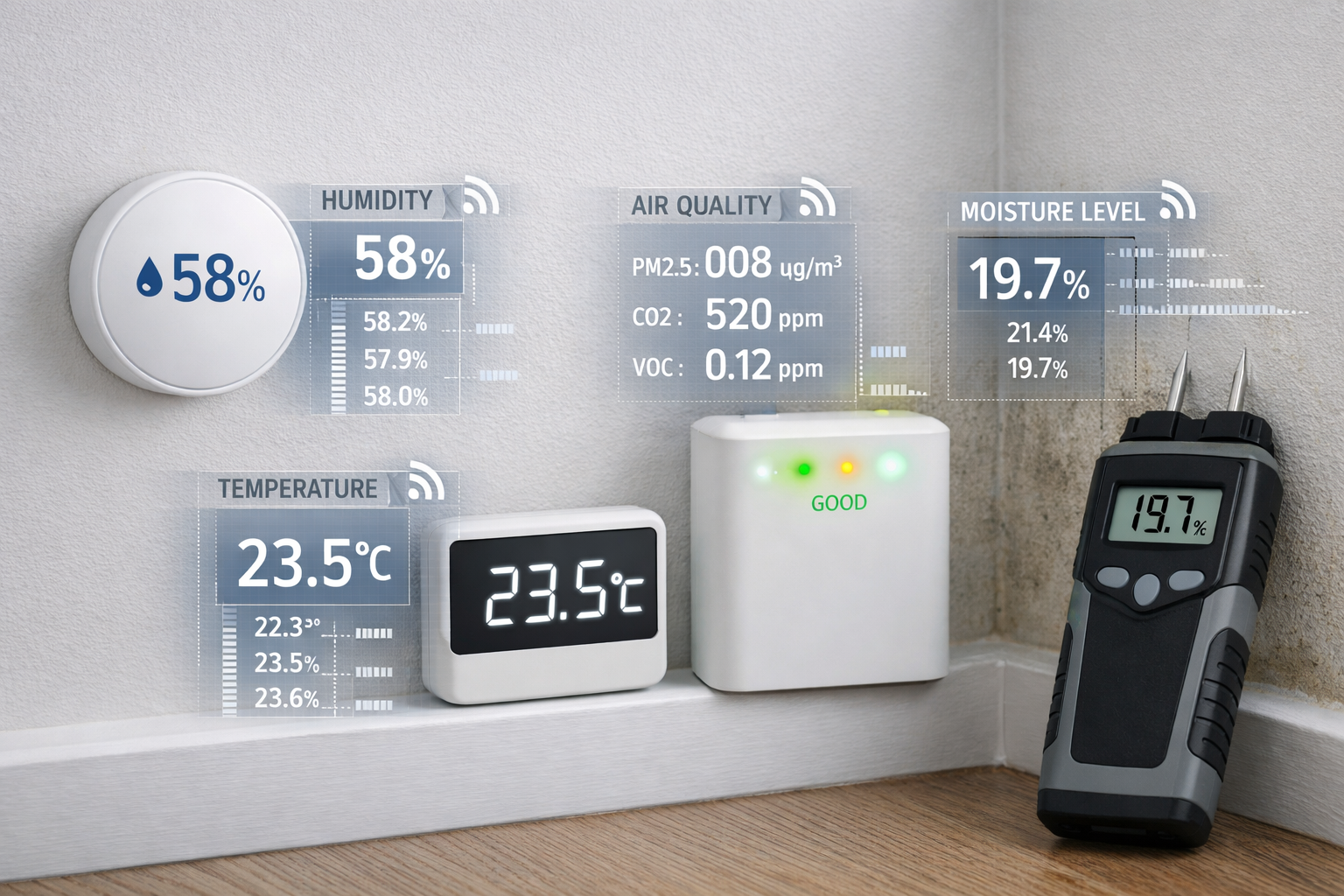 Detailed () image showing close-up of modern IoT environmental sensors installed in rental property room corner, featuring