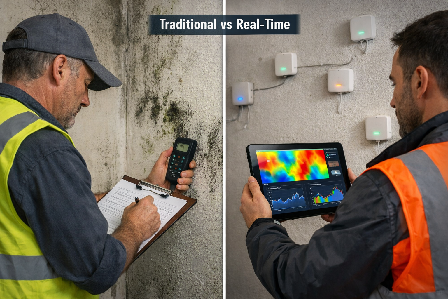 () split-screen comparison image showing left side: traditional surveyor with clipboard and handheld damp meter manually