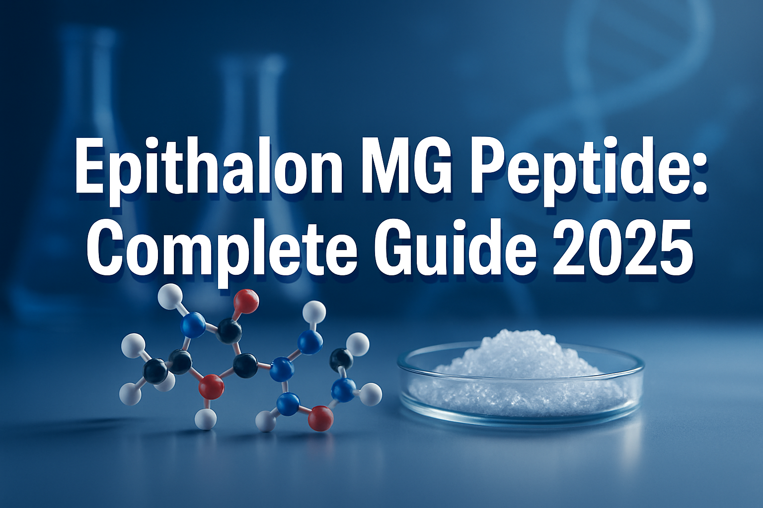 Professional landscape hero image (1536x1024) featuring bold text overlay 'Epithalon MG Peptide: Complete Guide 2025' in extra large 72pt wh