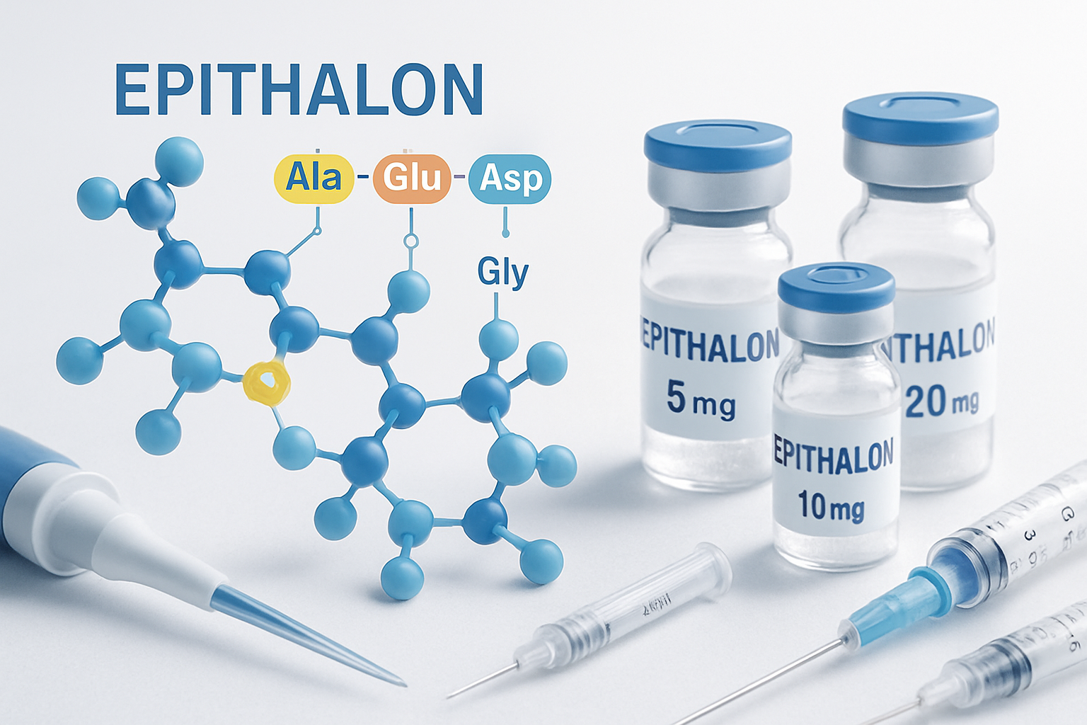 Detailed scientific visualization showing epithalon peptide molecular structure in 3D rendering with highlighted amino acid sequence, transp