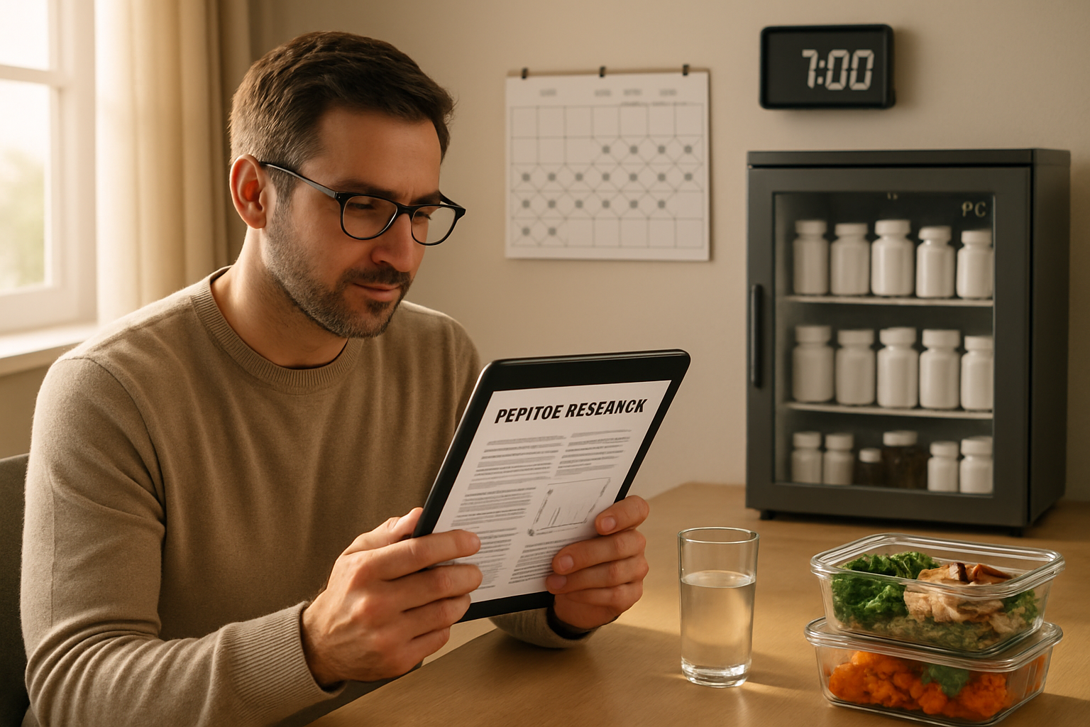 Professional lifestyle composition featuring health-conscious adult reviewing peptide research documentation on tablet device, background sh