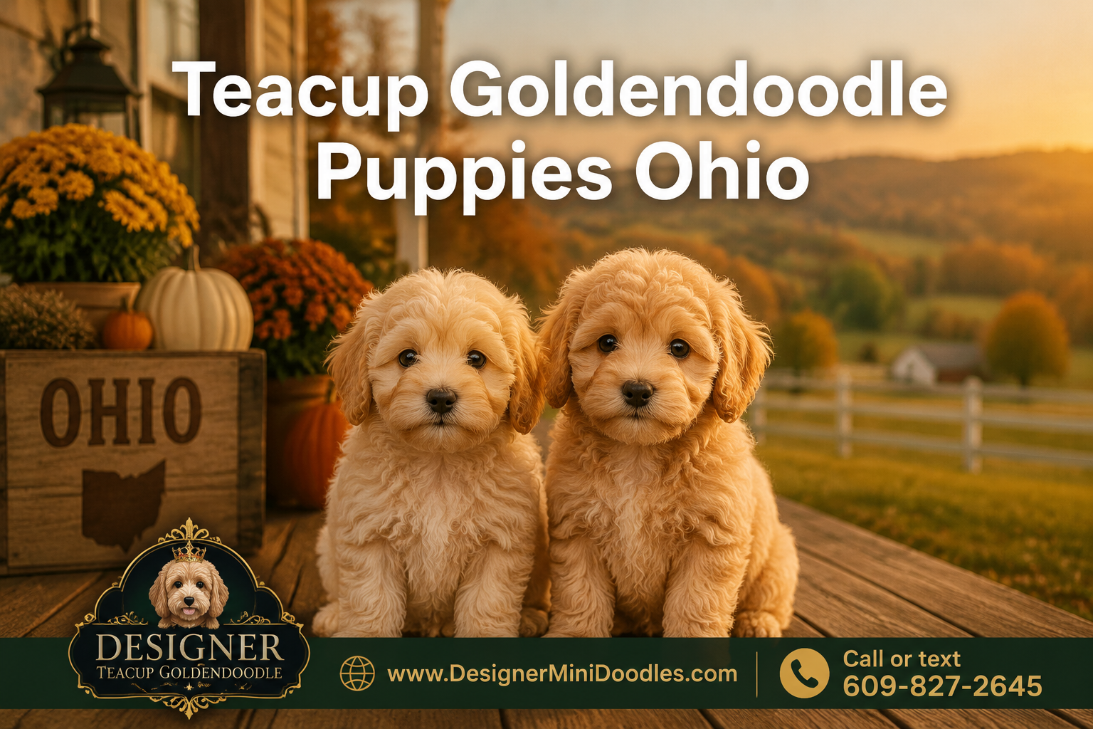 Professional () hero image featuring 'Teacup Goldendoodle Puppies Ohio' in extra large white with soft drop , centered in