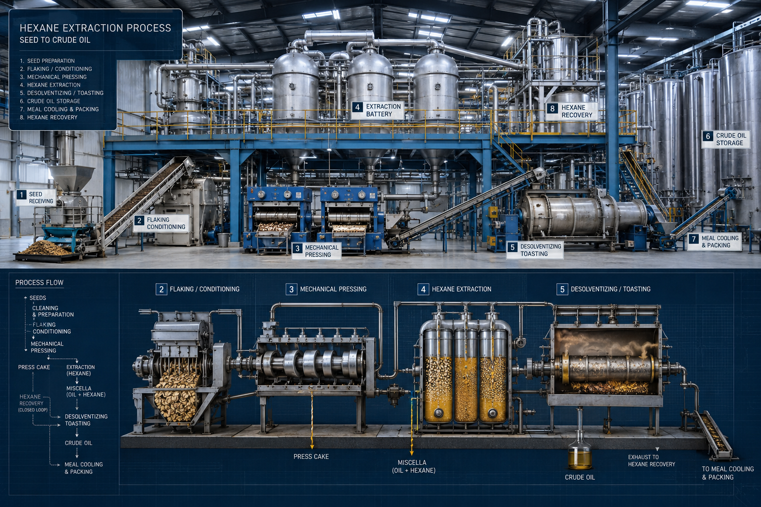 Detailed () industrial facility interior showing hexane extraction equipment with large steel vessels, mechanical pressing