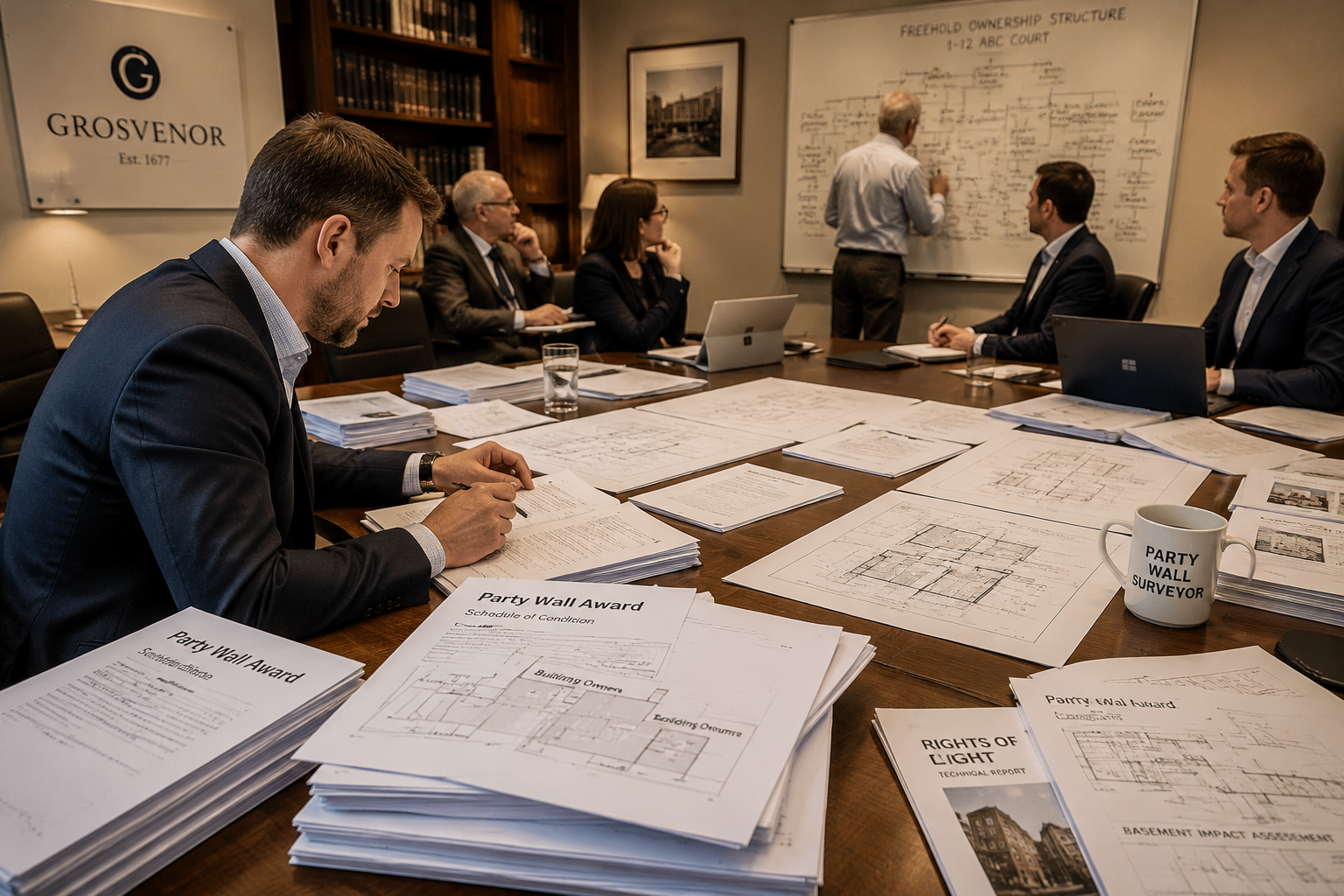 Wide-angle editorial illustration showing a party wall surveyor at a large conference table covered with stacked legal award