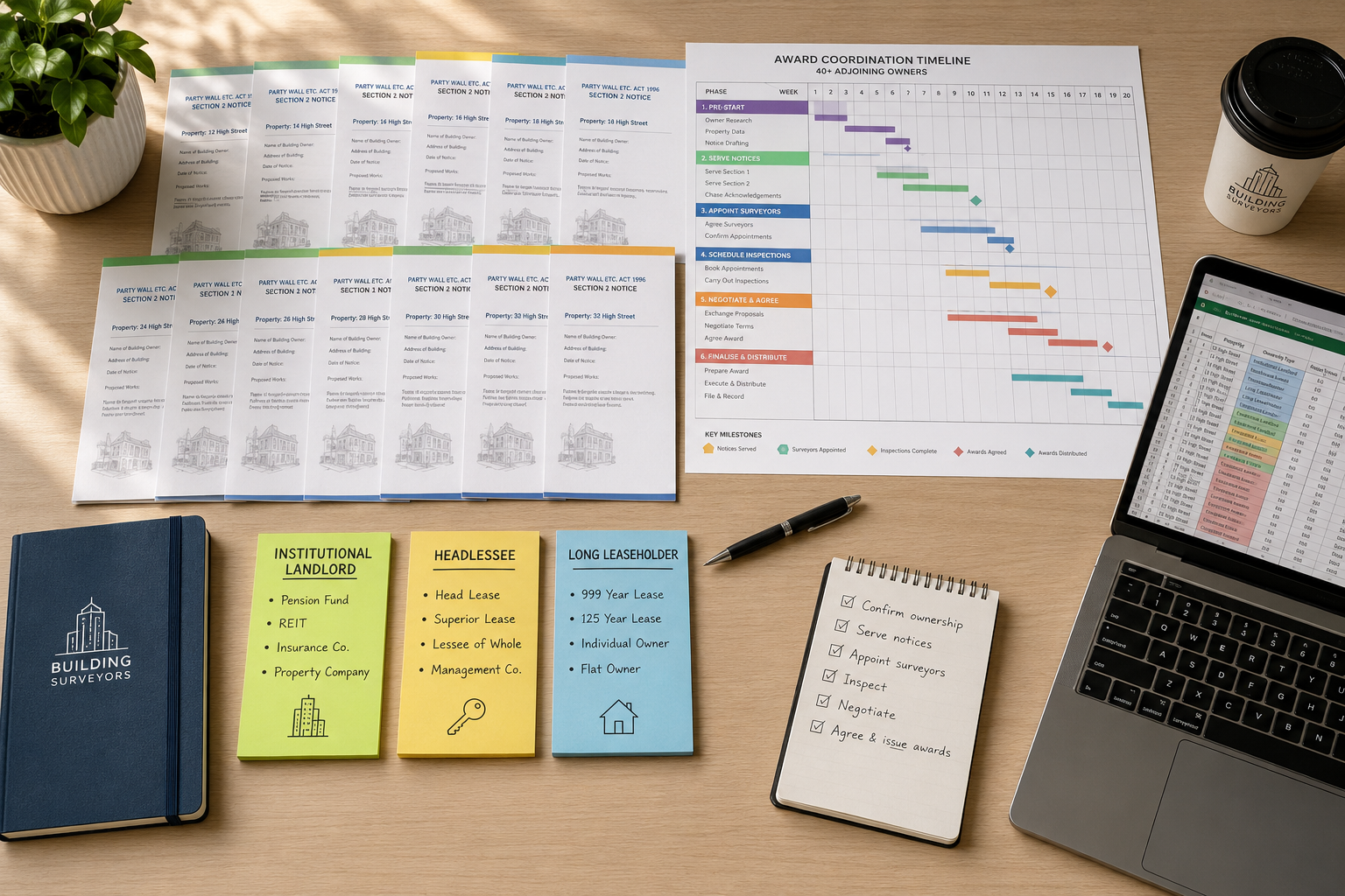 Flat-lay overhead shot of a structured project management timeline spread across a desk: party wall notices fanned out in