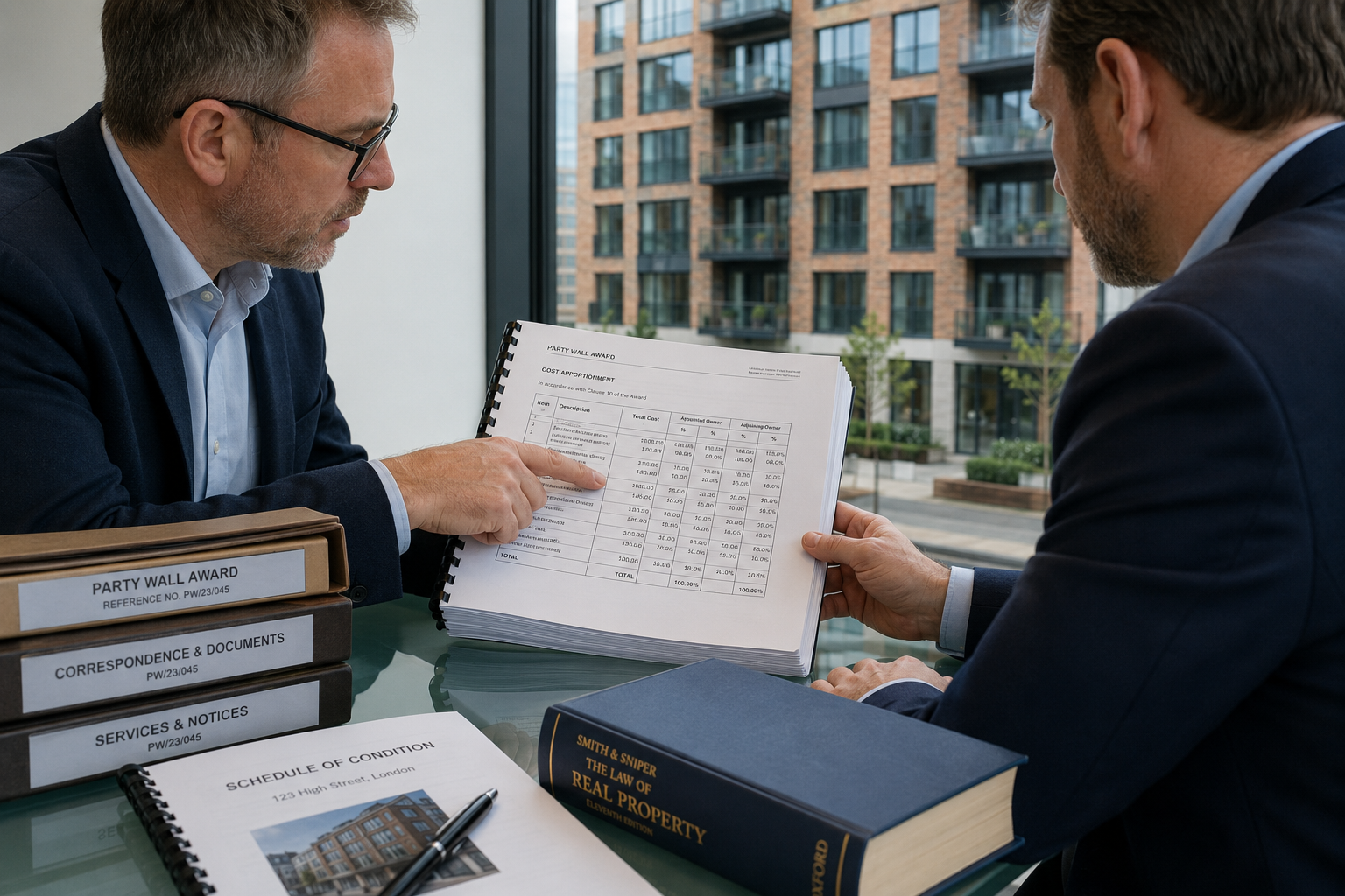 Close-up editorial photograph of two professional surveyors reviewing a thick bound Party Wall Award document together at a