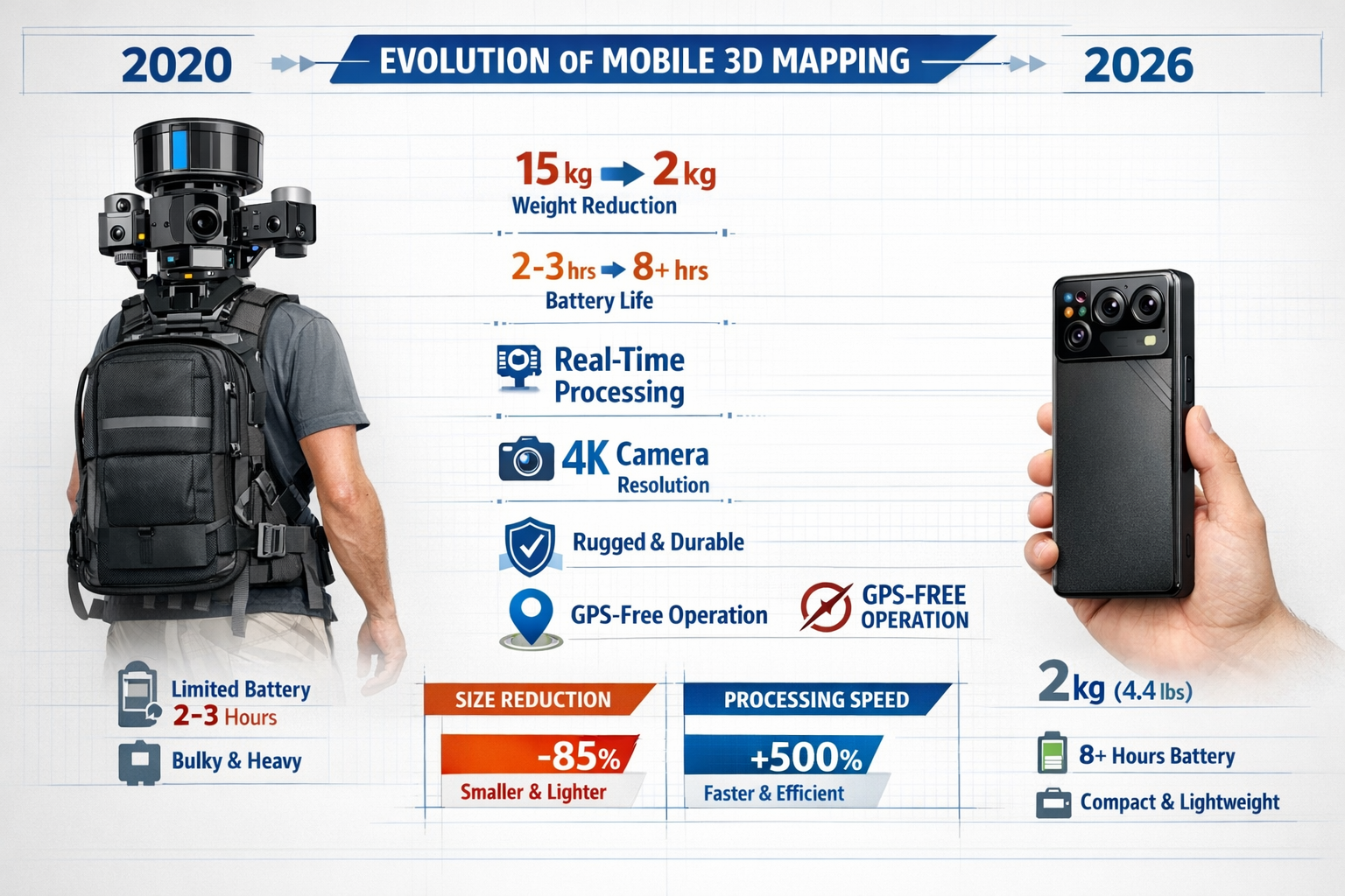 Landscape format (1536x1024) detailed illustration showing evolution of mobile 3D mapping hardware from 2020 to 2026, featuring comparison o