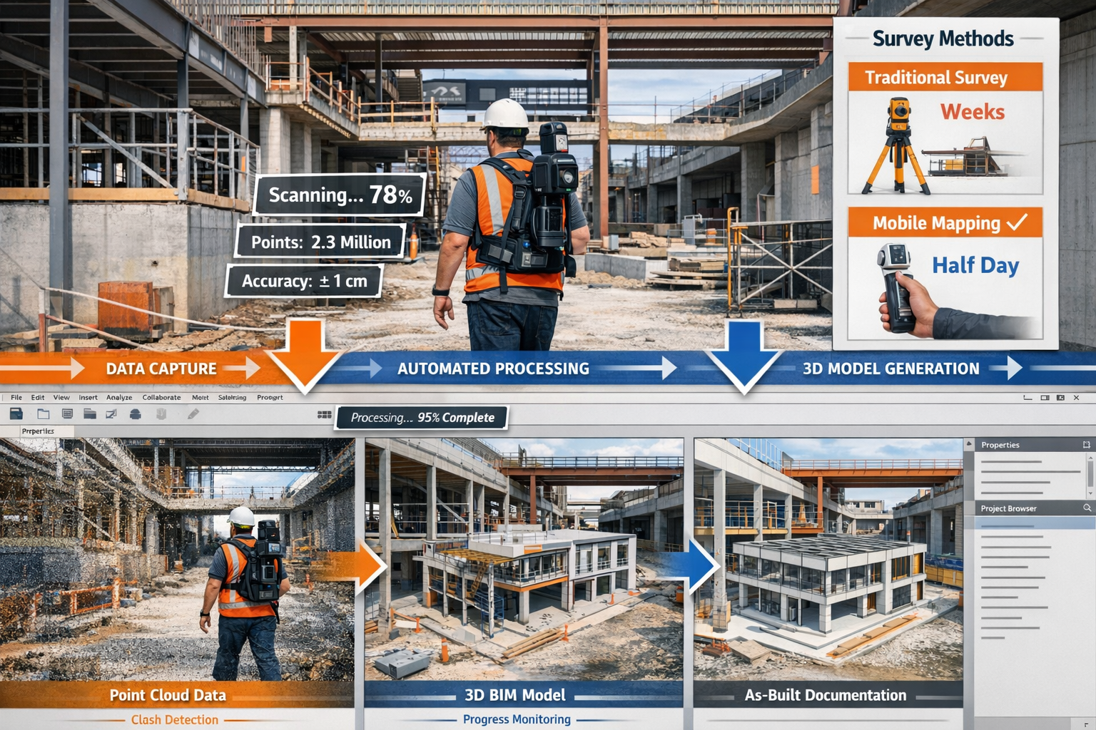 Landscape format (1536x1024) split-screen visualization demonstrating mobile 3D mapping workflow for construction site survey. Top half show